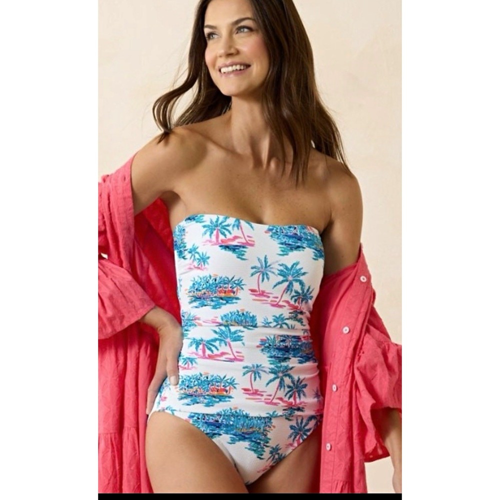 Tommy Bahama NWT Tropical Bandeau One Piece Swimsuit White/Blue/Pink Sz 6